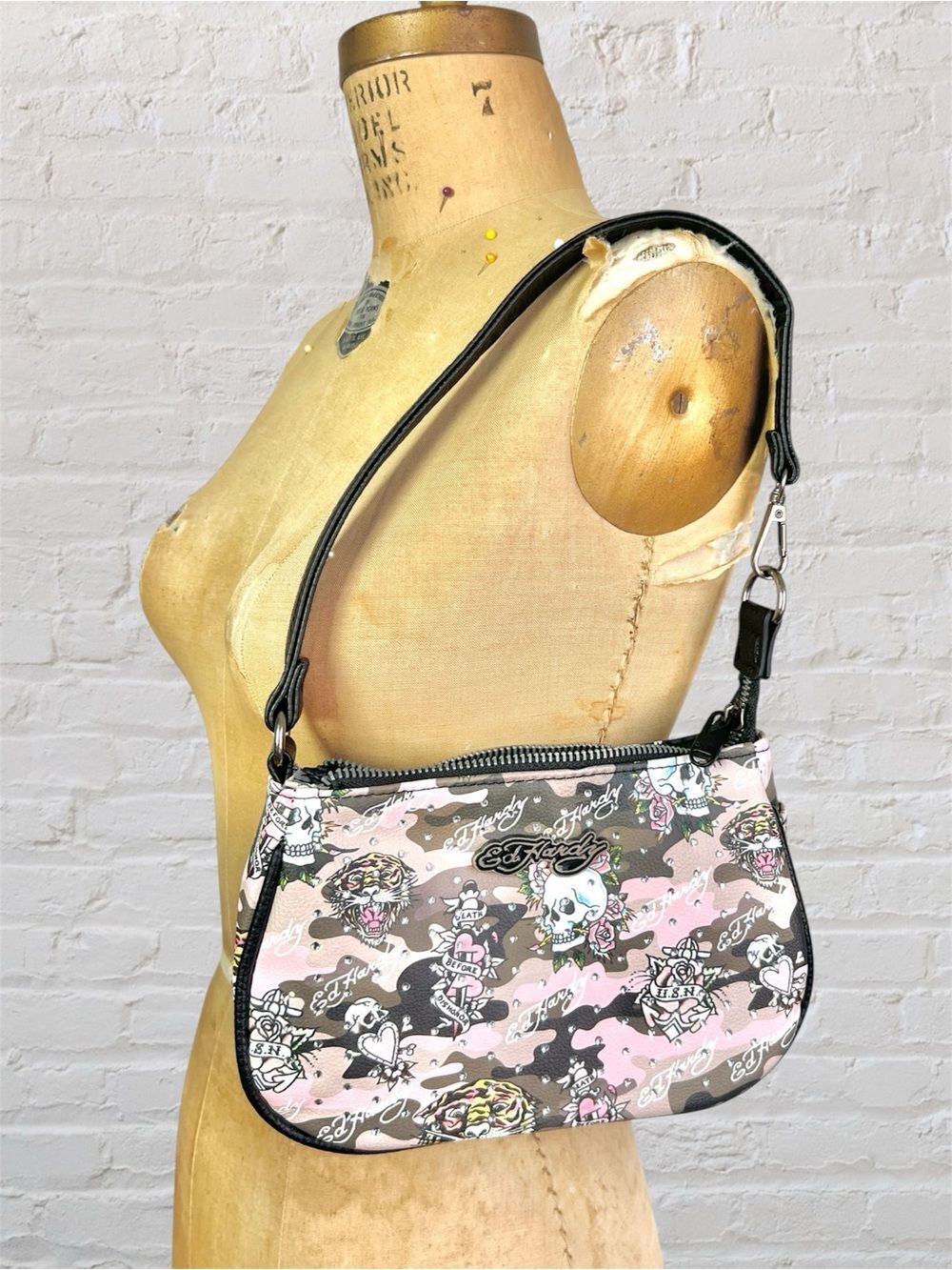 Y2K Ed Hardy Pink Black Camo Tattoo Print Shoulder Mini Bag with Studded Crystal